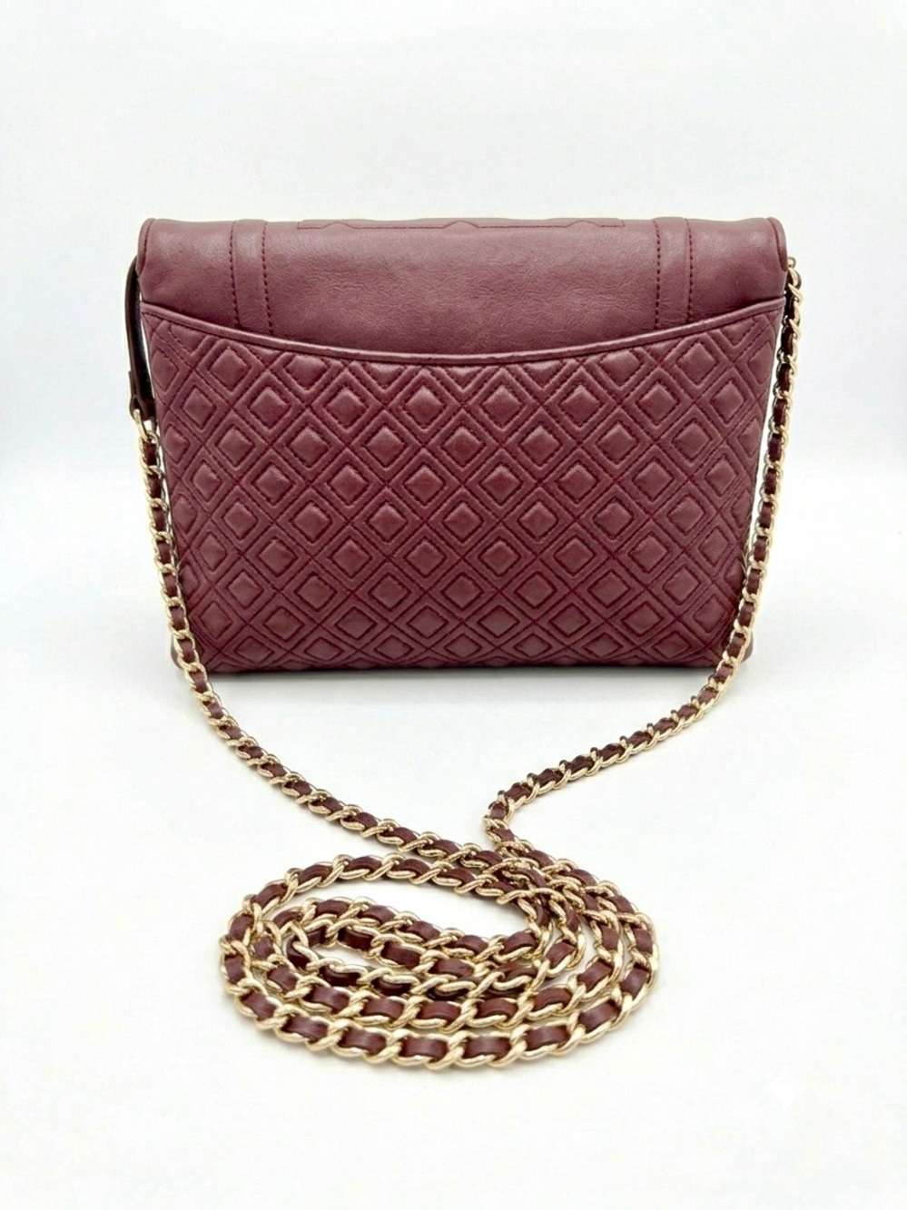 Tory Burch Marion Quilted Leather Flap Shoulder Bag Clutch Burgundy Plum - Picture 3 of 8